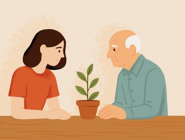 An illustration of a younger and older person sitting at a table, both looking at a small potted plant between them.