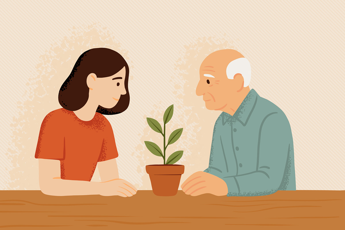 An illustration of a younger and older person sitting at a table, both looking at a small potted plant between them.