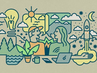 An illustration shows two people in conversation surrounded by symbols such as a light bulb, sun, mountains, trees, a rocket launch, and technology items like a laptop and smartphone.