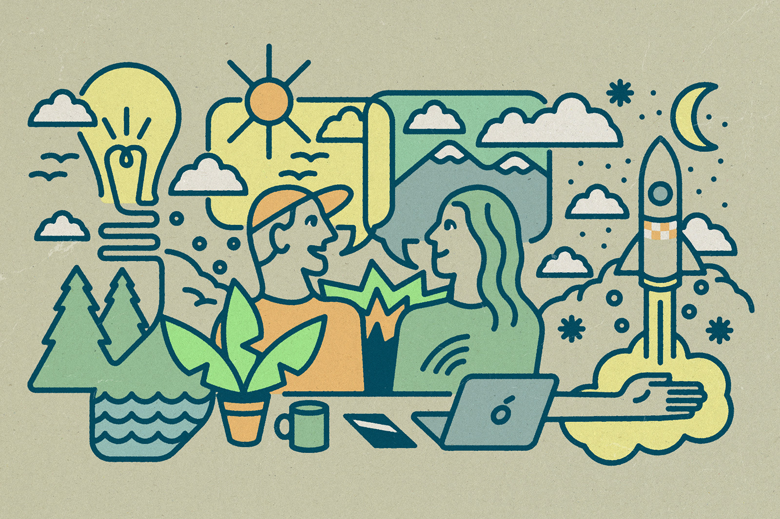 An illustration shows two people in conversation surrounded by symbols such as a light bulb, sun, mountains, trees, a rocket launch, and technology items like a laptop and smartphone.
