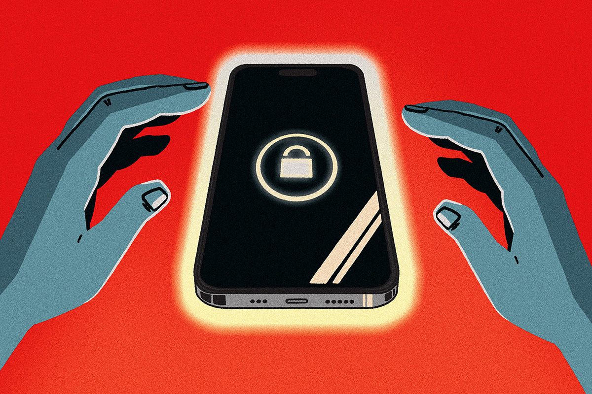 Illustration of a pair of blue hands reaching toward a smartphone displaying a glowing lock icon, set against a red background.