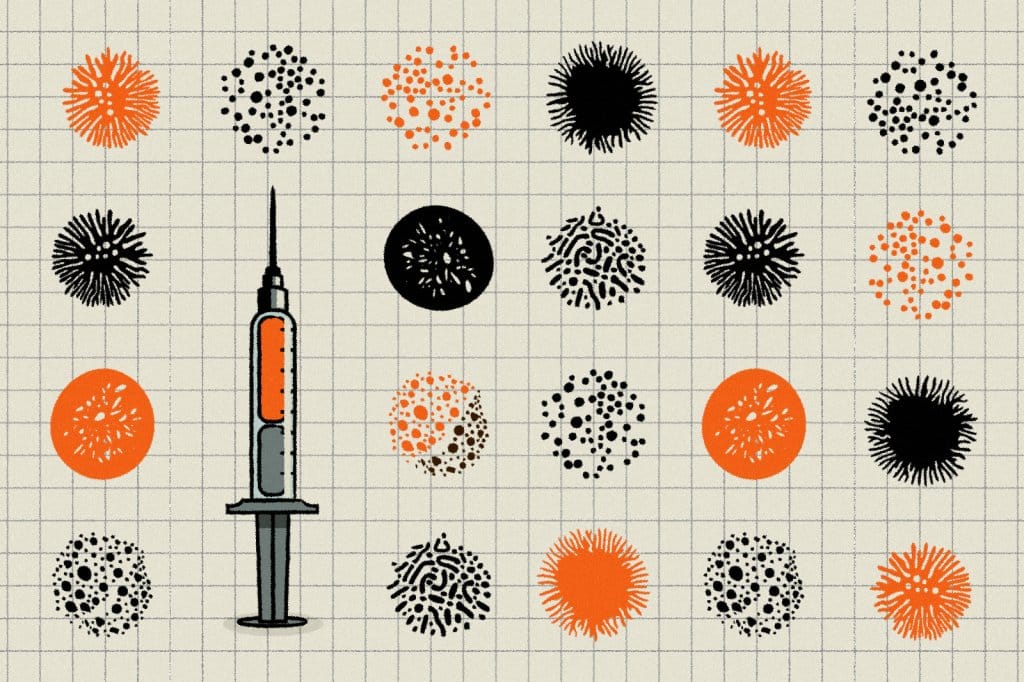 An illustration of a syringe filled with orange liquid surrounded by stylized black and orange virus or bacteria icons on a grid background.