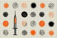 An illustration of a syringe filled with orange liquid surrounded by stylized black and orange virus or bacteria icons on a grid background.
