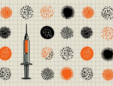 An illustration of a syringe filled with orange liquid surrounded by stylized black and orange virus or bacteria icons on a grid background.