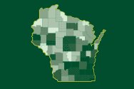Stylized map of Wisconsin showing county divisions, each shaded with different patterns and tones of green.