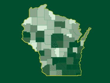 Stylized map of Wisconsin showing county divisions, each shaded with different patterns and tones of green.