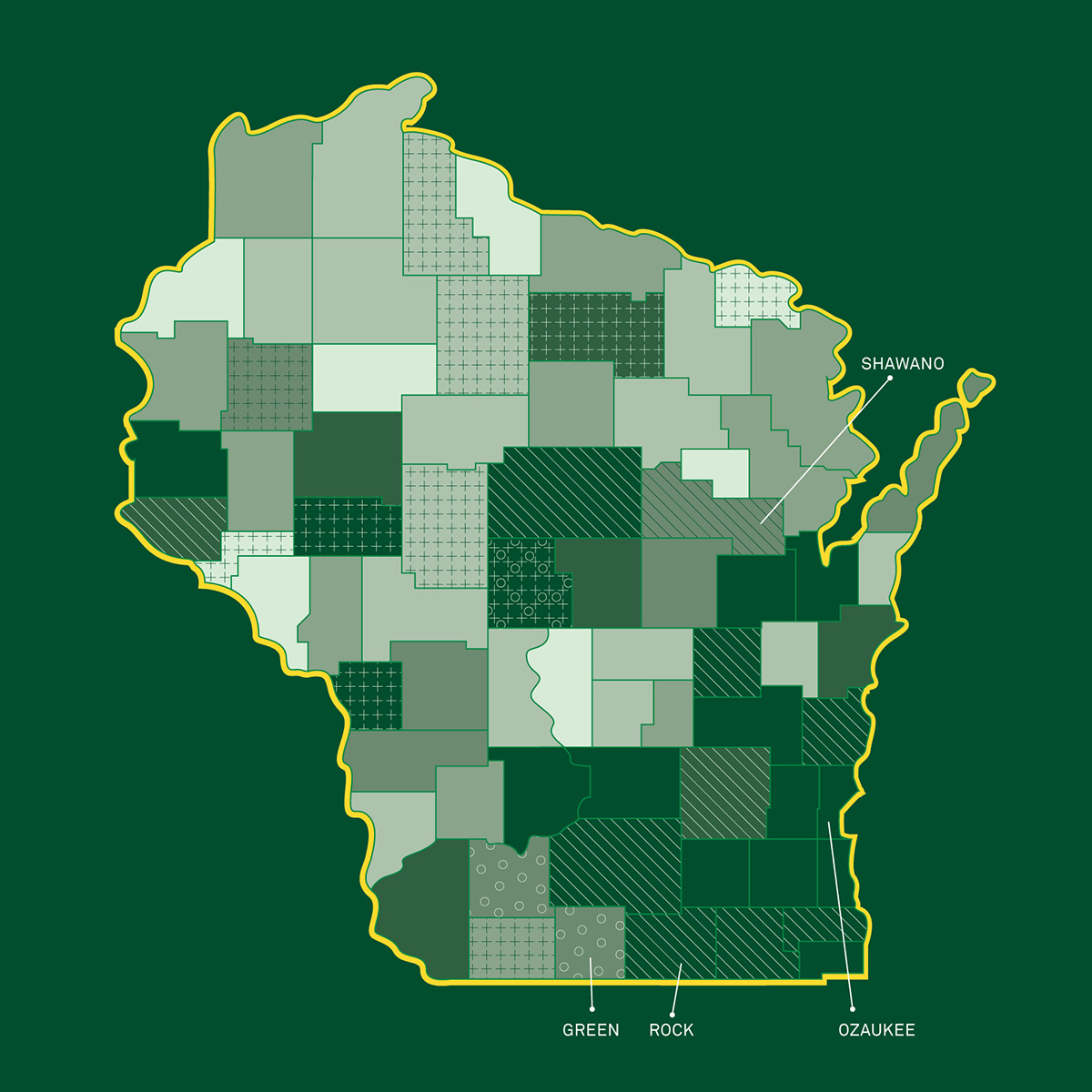 Stylized map of Wisconsin showing county divisions, each shaded with different patterns and tones of green. Specifically labeled are Shawano, Ozaukee, Rock and Green counties.
