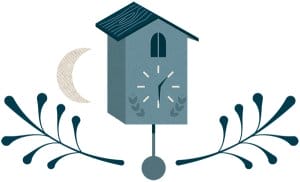 Illustration of a stylized blue cuckoo clock with a pendulum, flanked by decorative branches and a crescent moon.