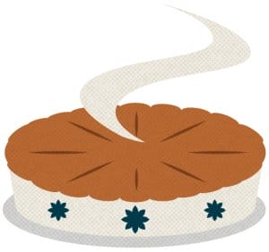 A steaming round pie with a golden-brown crust and decorative blue star shapes around its base.
