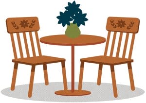 Illustration of two wooden chairs with floral carvings and a round table holding a green vase with dark blue flowers.