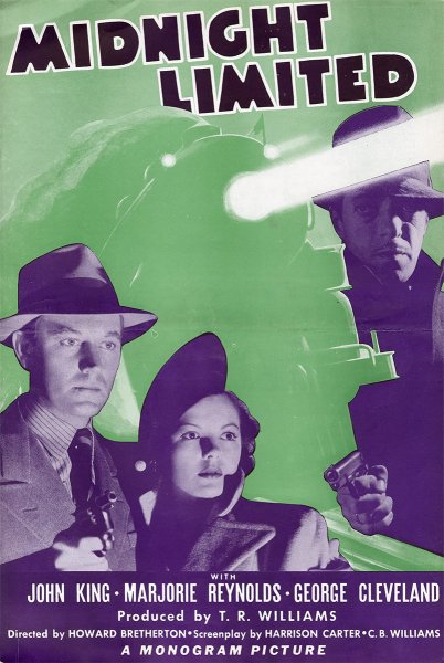 Vintage movie poster for 'Midnight Limited,' featuring three sharply dressed characters in 1940s attire against a dramatic green and purple backdrop with a glowing train headlight, evoking a classic mystery thriller.