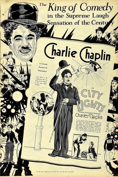 Vintage movie poster for Charlie Chaplin's 'City Lights,' featuring illustrated scenes of Chaplin in various comedic poses and a large smiling portrait, with promotional text calling it the 'Supreme Laugh Sensation of the Century.