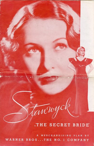 Vintage movie poster for 'The Secret Bride' featuring Barbara Stanwyck, with a red-tinted portrait of her face, a smaller full-body image in a dark dress, and promotional text from Warner Bros.