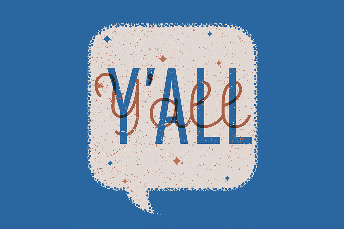 A graphic design with the word 'Y'ALL' in large blue letters and decorative script inside a speech bubble on a blue background.