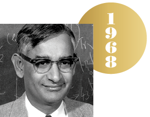 Black and white headshot of Har Gobind Khorana with an overlapping gold circle representing a Nobel medal, with the year 1968 on it.