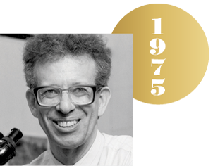 Black and white headshot of Howard Temin with an overlapping gold circle representing a Nobel medal, with the year 1975 on it.