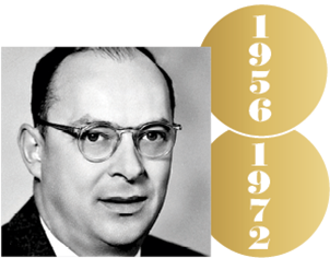 Black and white headshot of John Bardeen with two overlapping gold circles representing Nobel medals, with the years 1956 and 1972 on them.
