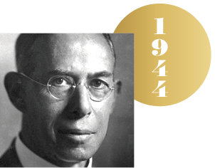 Black and white headshot of Joseph Erlanger with an overlapping gold circle representing a Nobel medal, with the year 1944 on it.