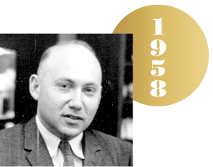 Black and white headshot of Joshua Lederberg with an overlapping gold circle representing a Nobel medal, with the year 1958 on it.