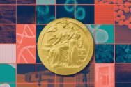 A collage of scientific imagery including bacteria, DNA strands, and laboratory textures, overlaid with a large gold Nobel Prize medal.