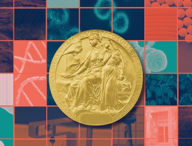 A collage of scientific imagery including bacteria, DNA strands, and laboratory textures, overlaid with a large gold Nobel Prize medal.