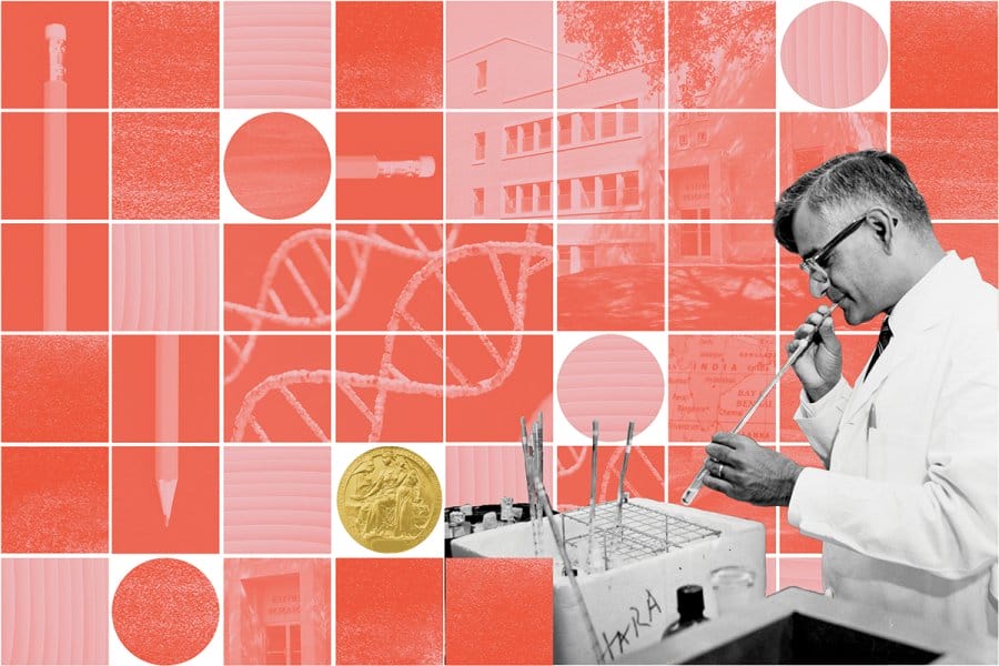 Red and pink collage featuring a grayscale image of Har Gobind Khorana, with DNA strand, lab equipment, and a gold Nobel Prize medal in the background.