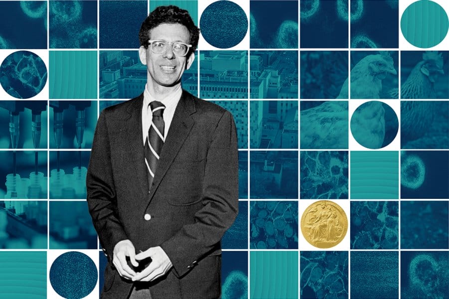 Teal and blue collage with cells, chickens, and Howard Temin.