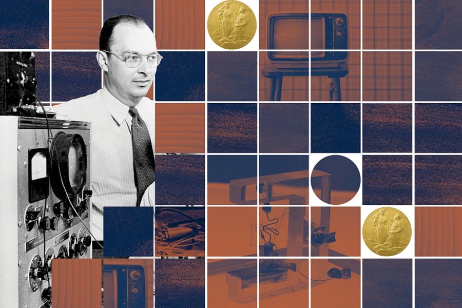 Red and pink collage featuring a grayscale image of Har Gobind Khorana, with DNA strand, lab equipment, and a gold Nobel Prize medal in the background.