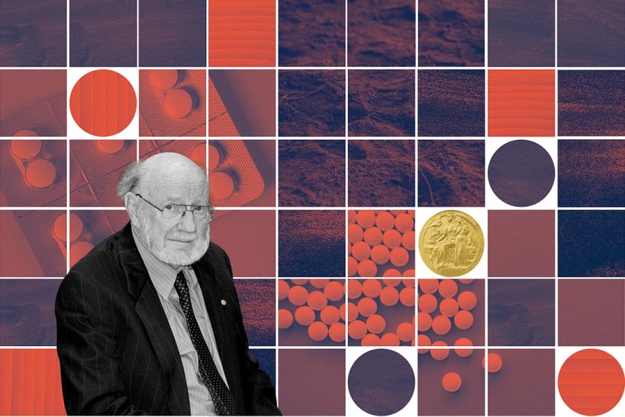 Red and blue collage with pills, textures, a gold Nobel Prize medal, and William Campbell.