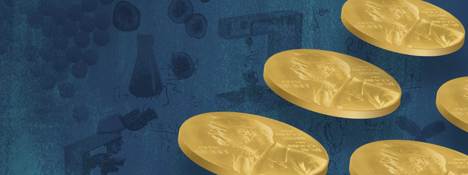 Several gold Nobel Prize medals displayed diagonally on a blue background with faint scientific illustrations and formulas in the background.