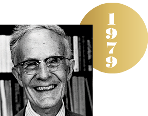 Black and white headshot of Theodore Schultzr with an overlapping gold circle representing a Nobel medal, with the year 1979 on it.