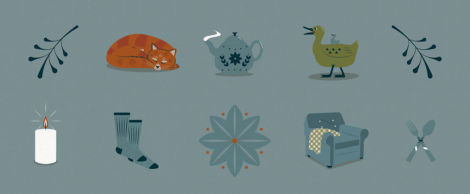 A stylized illustration featuring cozy elements associated with hygge, including a candle, warm socks, a teapot, a sleeping cat, a duck, a comfortable armchair with a blanket, a floral motif, and dining utensils, all arranged on a muted blue background.