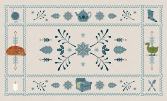 A folk-art style illustration featuring a central floral pattern surrounded by decorative borders with cozy elements like a teapot, yarn ball, socks, candle, armchair, utensils, a green duck, and a curled-up orange cat.