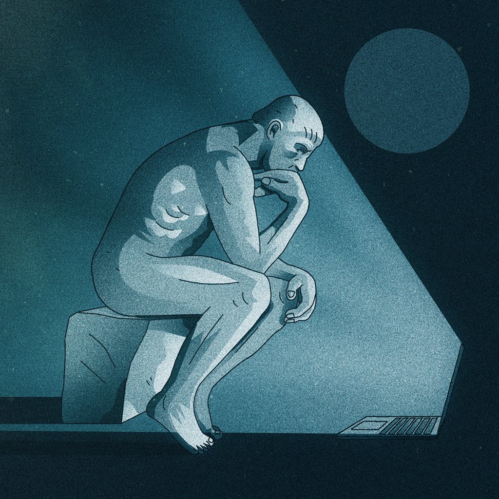 A stylized blue-toned illustration shows a nude figure seated in a classic “thinking” pose on a stone block, illuminated by a beam of light as they contemplate an open laptop on the ground.