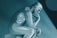 A stylized blue-toned illustration shows a nude figure seated in a classic “thinking” pose on a stone block.