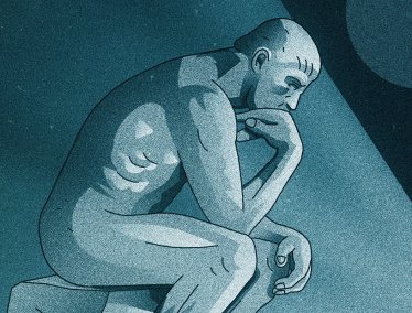 A stylized blue-toned illustration shows a nude figure seated in a classic “thinking” pose on a stone block.