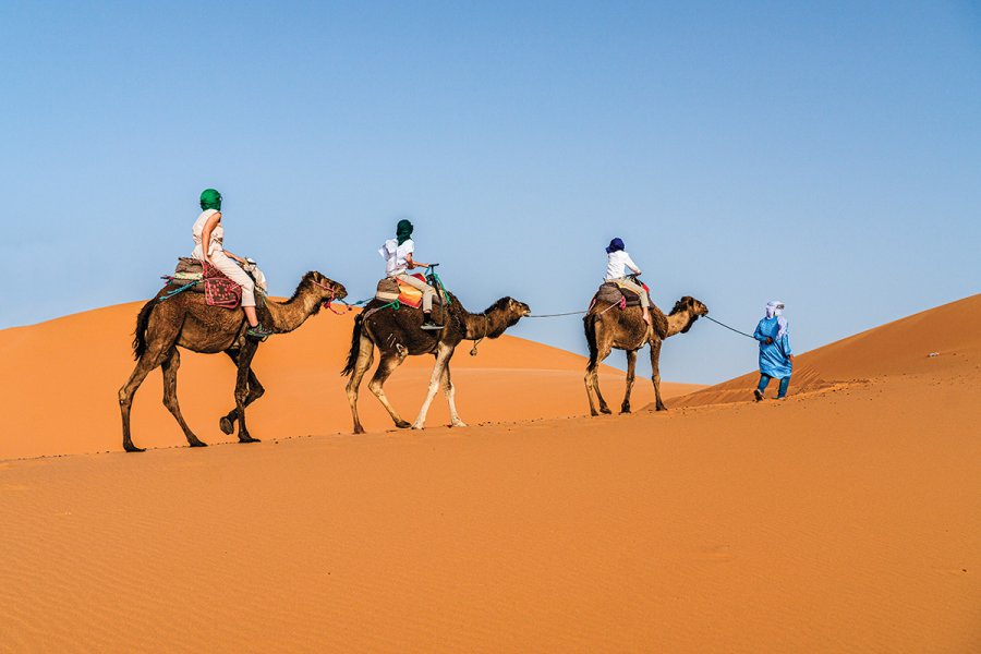 A line of three people ride camels across a bright orange sand dune while a guide in blue clothing leads them through the desert under a clear blue sky.