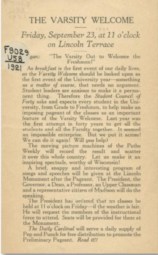 A vintage printed pamphlet titled “The Varsity Welcome,” dated Friday, September 23, (1921) at 11 o’clock on Lincoln Terrace. The flyer describes a university event marking the start of the school year, calling for participation from students and faculty and outlining planned speeches, a pageant, and other activities.