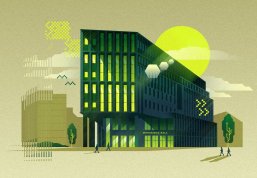 An illustrated modern building labeled 'Morgridge Hall' stands against a stylized sky with geometric light effects as small figures walk nearby.