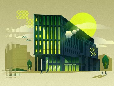 An illustrated modern building labeled 'Morgridge Hall' stands against a stylized sky with geometric light effects as small figures walk nearby.