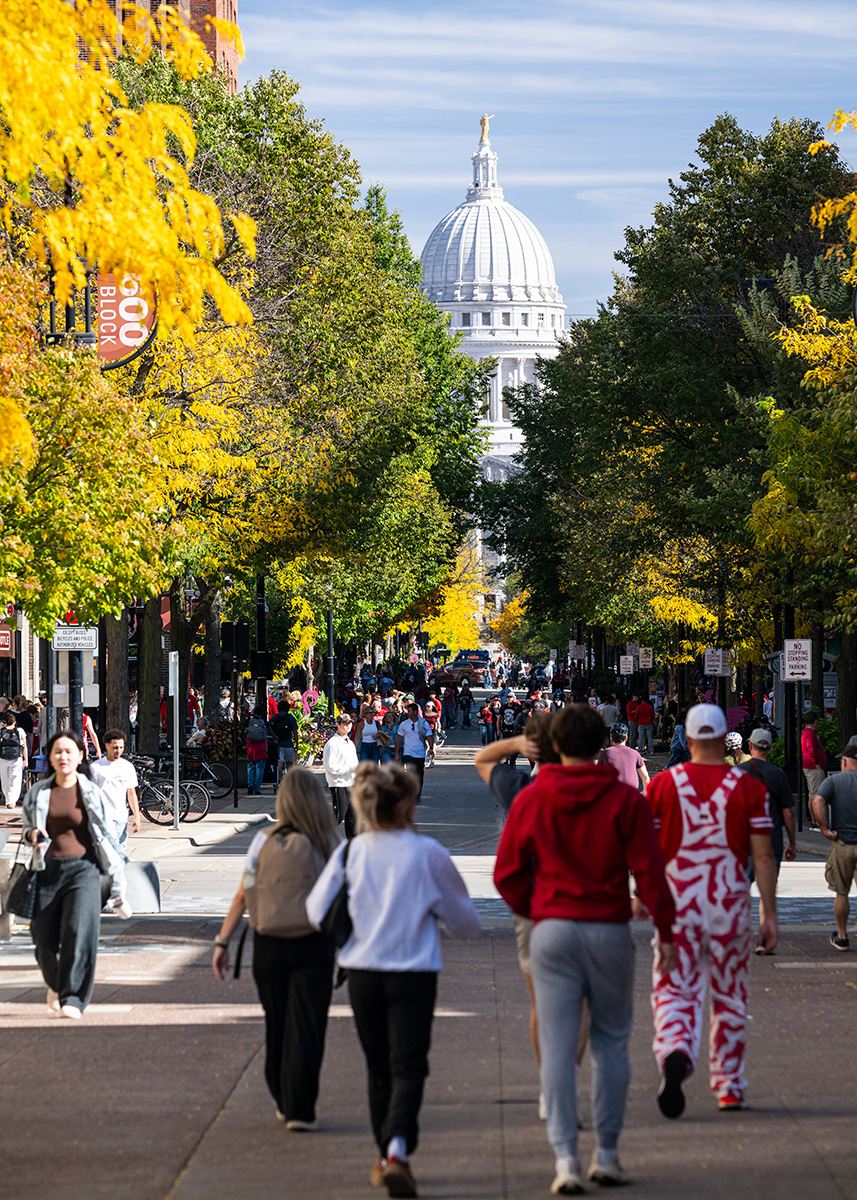 A crowd walks down a tree‑lined street toward the Wisconsin State Capitol dome on a bright autumn day.
