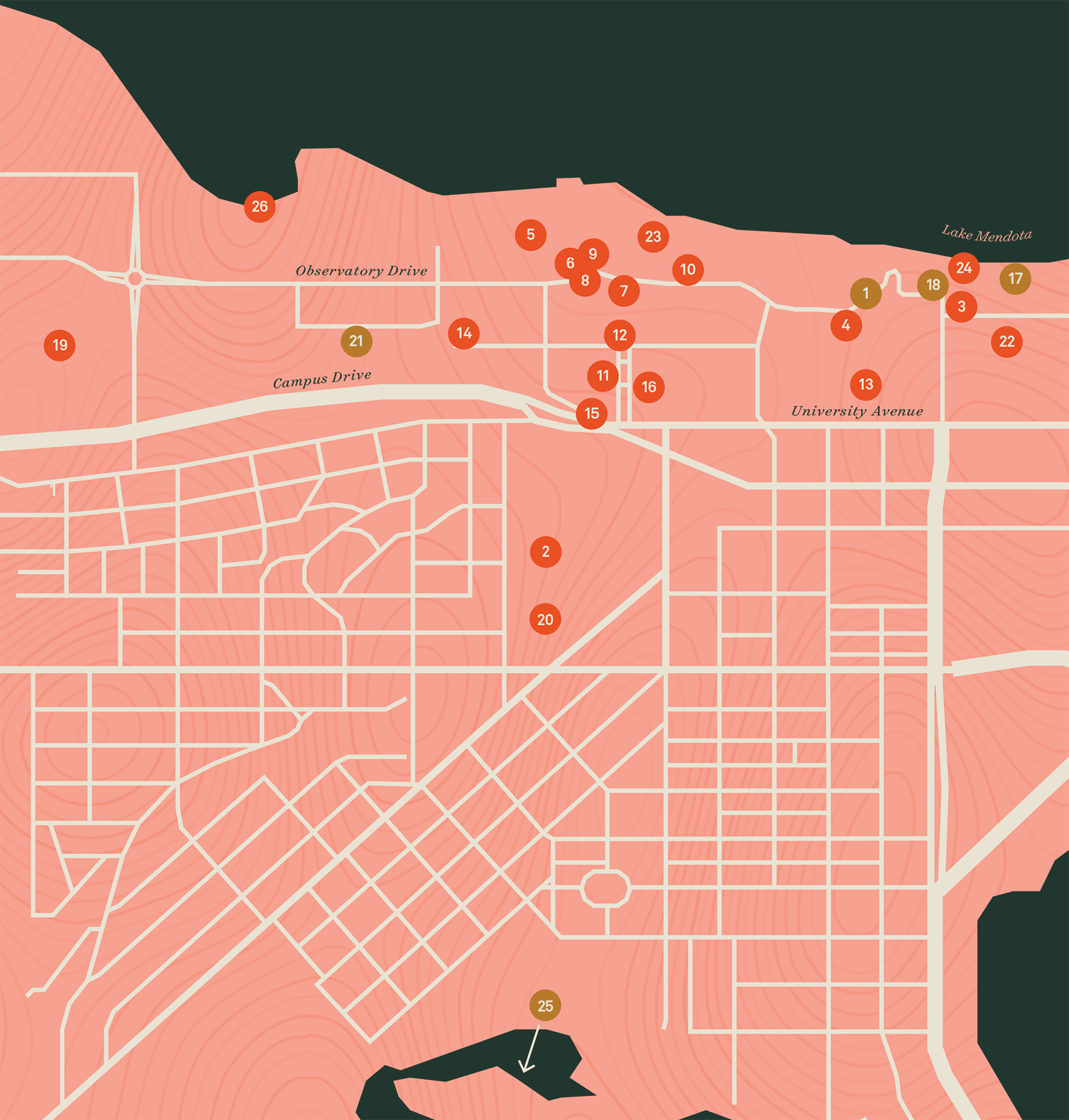 A stylized pink and dark green map showing a street grid near a lakeshore with numbered markers indicating various highlighted locations across the area.