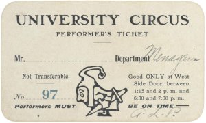 A vintage University Circus performer’s ticket printed on cardstock, featuring spaces for the performer’s name and department, a stylized circus character illustration, and instructions regarding entry times and door location.