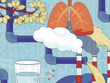 An illustration shows lungs, pipes, smoke stacks, leaves, a glass of water, clouds, and a small airplane arranged in a collage highlighting themes of environment and pollution.