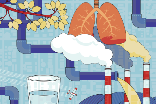 An illustration shows lungs, pipes, smoke stacks, leaves, a glass of water, clouds, and a small airplane arranged in a collage highlighting themes of environment and pollution.