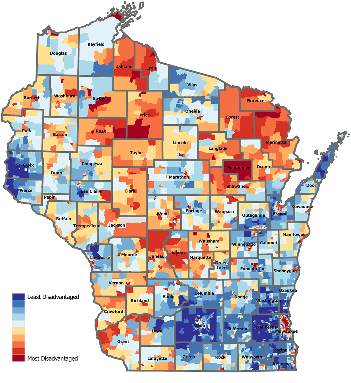 A color‑coded map of Wisconsin shows varying levels of social disadvantage by county and census tract, ranging from blue for least disadvantaged areas to red for most disadvantaged areas.