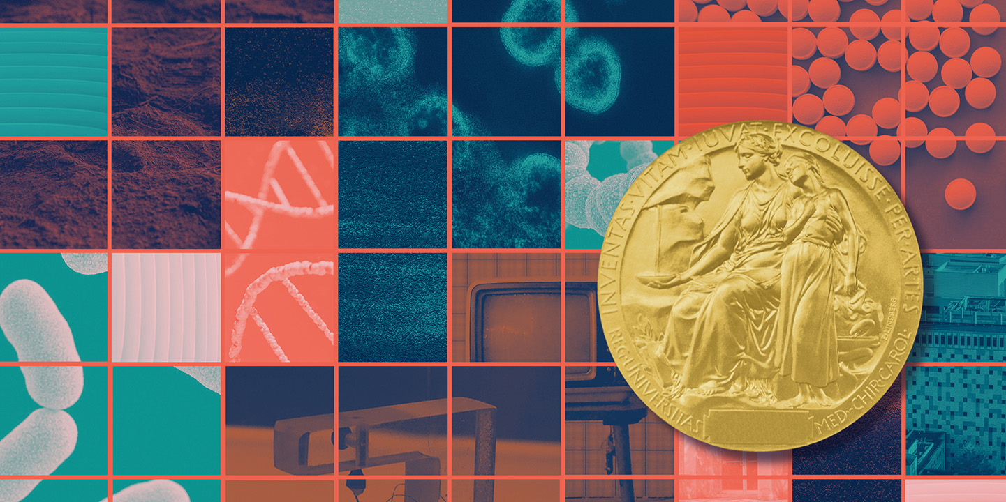 A collage of scientific imagery including bacteria, DNA strands, and laboratory textures, overlaid with a large gold Nobel Prize medal.