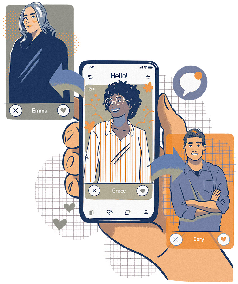 Illustration of a hand holding a smartphone displaying a dating app interface, with profile cards labeled 'Emma,' 'Grace,' and 'Cory,' including icons for liking or dismissing matches.