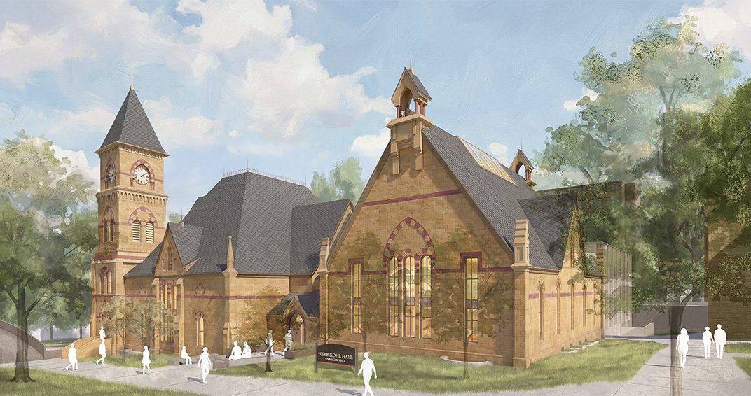 An architectural rendering shows a historic stone building with steep slate roofs, arched windows, a clock tower, surrounding trees, and people walking along paved paths.