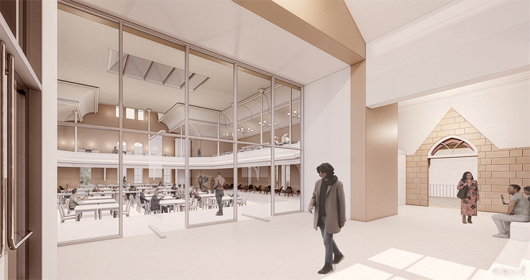 An interior rendering depicts a bright, open lobby with glass walls overlooking a large hall with tables and seating, while people walk, sit, and gather in the space.